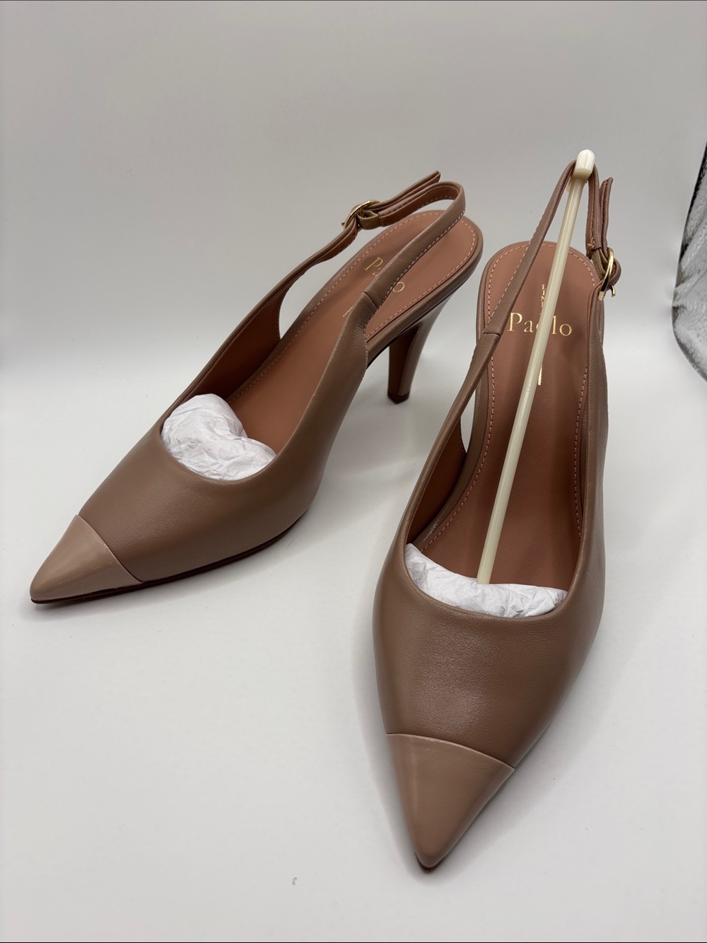 Paolo Two-Tone Brown and Tan Pointed Slingback Heels